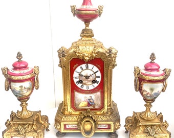 Fantastic French Sevres Mantel Clock Striking 8-Day Garniture Mantle Clock Set