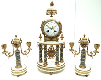 Incredible Antique 8 Day French Ormolu & Marble Mantel Clock Set with 2 Branch Candelabras