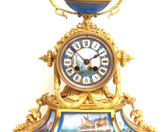 Rare French Ormolu Blue Sevres Mantel Clock Shipping Design Striking 8-Day Mantle Clock