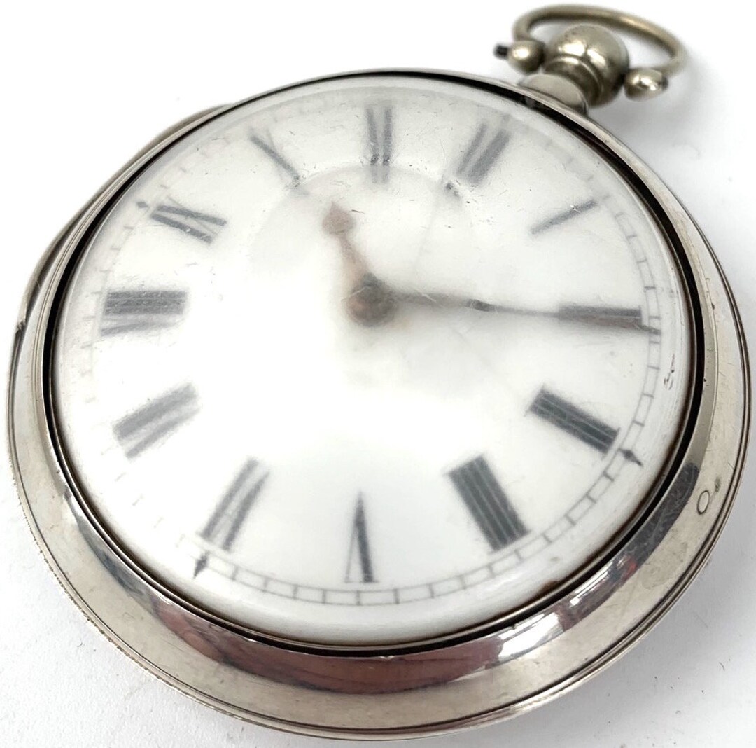 Incredible Antique Silver Pair Case Pocket Watch Fusee Verge Escapement Key Wind Enamel Dial by