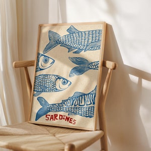 Sardinen Poster, Sardinen Dekor, Sardinen Druck, Küchendekor, Fisch Plakat, Blaues Plakat, Fischdekor, Küchendekor, Sardinendekor