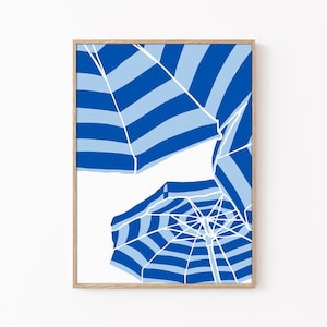 Arte de pared imprimible con sombrillas de playa para niñas, carteles de verano franceses de moda, decoración de habitación preppy, impresiones de playa vintage, descarga digital, dibujado a mano