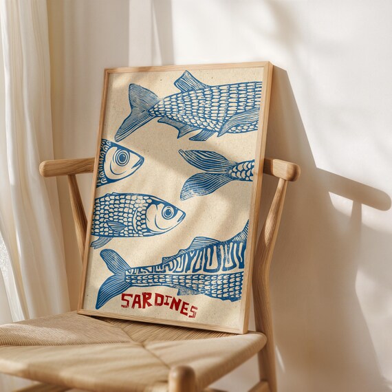 Sardines poster, Sardines Decor, sardines print, kitchen decor, Fish poster, Blue poster, fish decor, kitchen decor, sardine decor