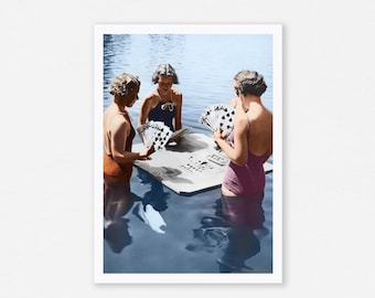 Vintage Pool Photo Print, Women Playing Cards, Retro Mid-Century Wall Art (Digital Download)
