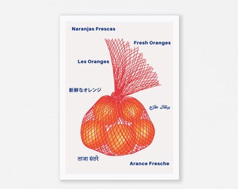 Estampado de naranjas retro / Idiomas, decoración de cocina (descarga digital)