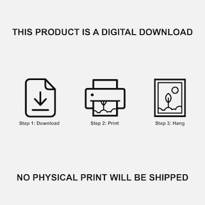 May include: Image illustrating the digital download process. Text reads "THIS PRODUCT IS A DIGITAL DOWNLOAD" and "NO PHYSICAL PRINT WILL BE SHIPPED." Steps include download, print, and hang, each with a corresponding icon.