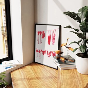 May include: A framed art print featuring a minimalist illustration of red and pink swimwear hanging on a clothesline. The artwork is displayed on a white background, with a black frame. The scene is set in a bright, well-lit room.