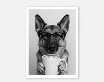 German Shepherd Coffee Art Print, Funny Dog Lover Gift (Digital Download)