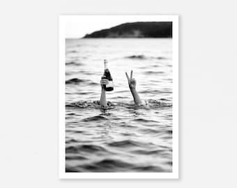 Schwarz weiß Champagner Flasche Peace Zeichen Ozean Strand Druck (digitaler Download)