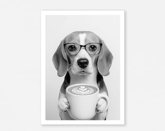 Beagle Drinking Coffee Art Print, Funny Dog Poster (Digital Download)