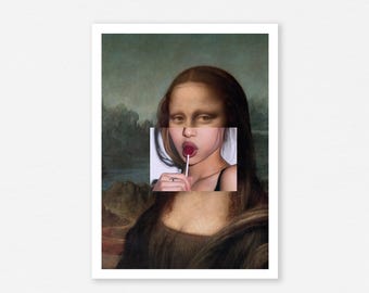 Lámina artística de la Mona Lisa con diseño de piruleta, ideal para decorar paredes (descarga digital).