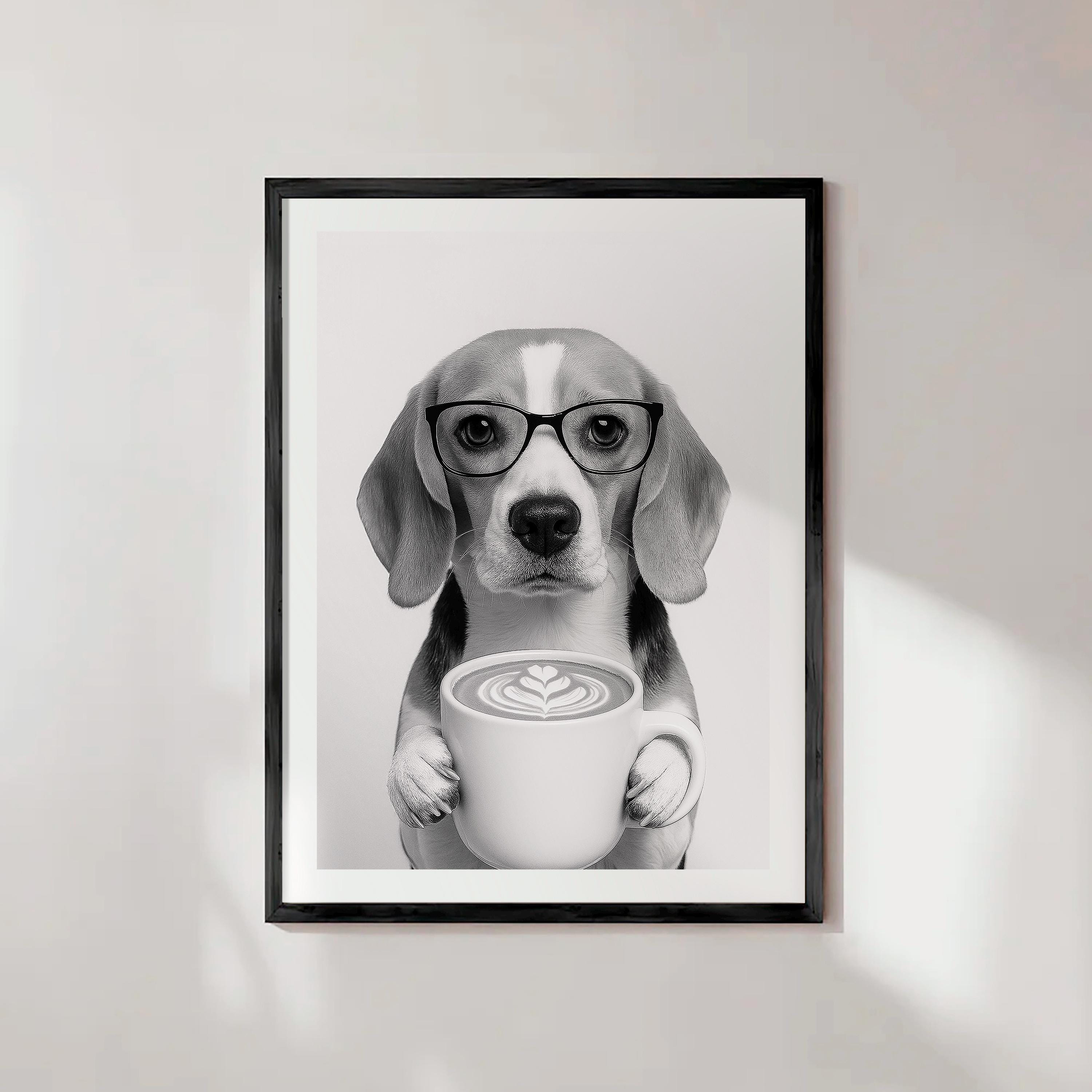 Beagle Drinking Coffee Art Print, Funny Dog Poster (digital