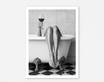 Impression d'art de vin de baignoire de jolie femme, affiche drôle de salle de bains (téléchargement numérique)