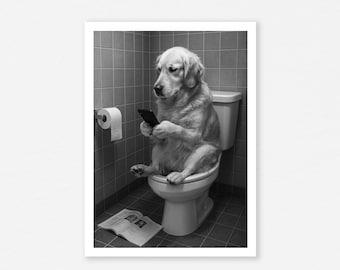 Funny Golden Retriever Bathroom Print, Toilet Humor Dog Art (Digital Download)