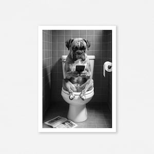 bathroom wall art, Boxer sitting in toilet, washroom poster, funny dog photo, cute dog wall art, toilet humor print, restroom decor