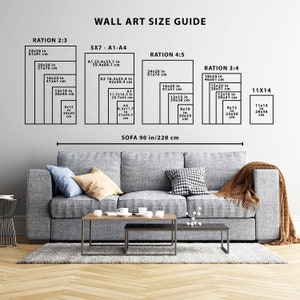 May include: A wall art size guide with various rectangular frame sizes, including 24x26 inches (61x91 cm), 20x30 inches (51x76 cm), and 16x24 inches (41x61 cm). The guide also shows a sofa that is 90 inches (228 cm) wide.