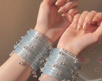 Blue Jelly Glass Bangles | Aqua Blue Jelly Bangles Set | Kashmiri Silver Ghungroo Bangles | Light Blue Glass Bangles  | Water Bangles