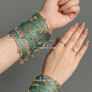 Turkos Kashmiri Ghungroo Armband Set | Ghungroo guldarmband | Aqua blått glas Brud Churiya |  Trendiga Kashmiri glasarmband