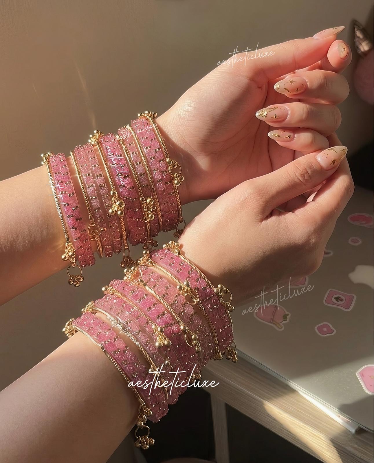 Pink Kashmiri Ghungroo Bangles Set | Ghungroo Gold Bangles | Pink