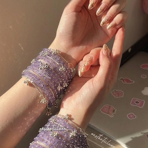 Lavender Glass Bangles Set | Kashmiri Gold & Silver Ghungroo Bangles  | Purple Glass Bridal Bangles | Rose Pattern Raindrop Bangle