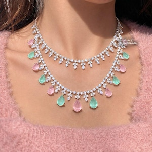 Tara Sutaria Inspired Pink Mint American Diamond Double Layer Necklace Set with Earrings and Tikka | CZ AD Pink Mint Bridal Wedding Set