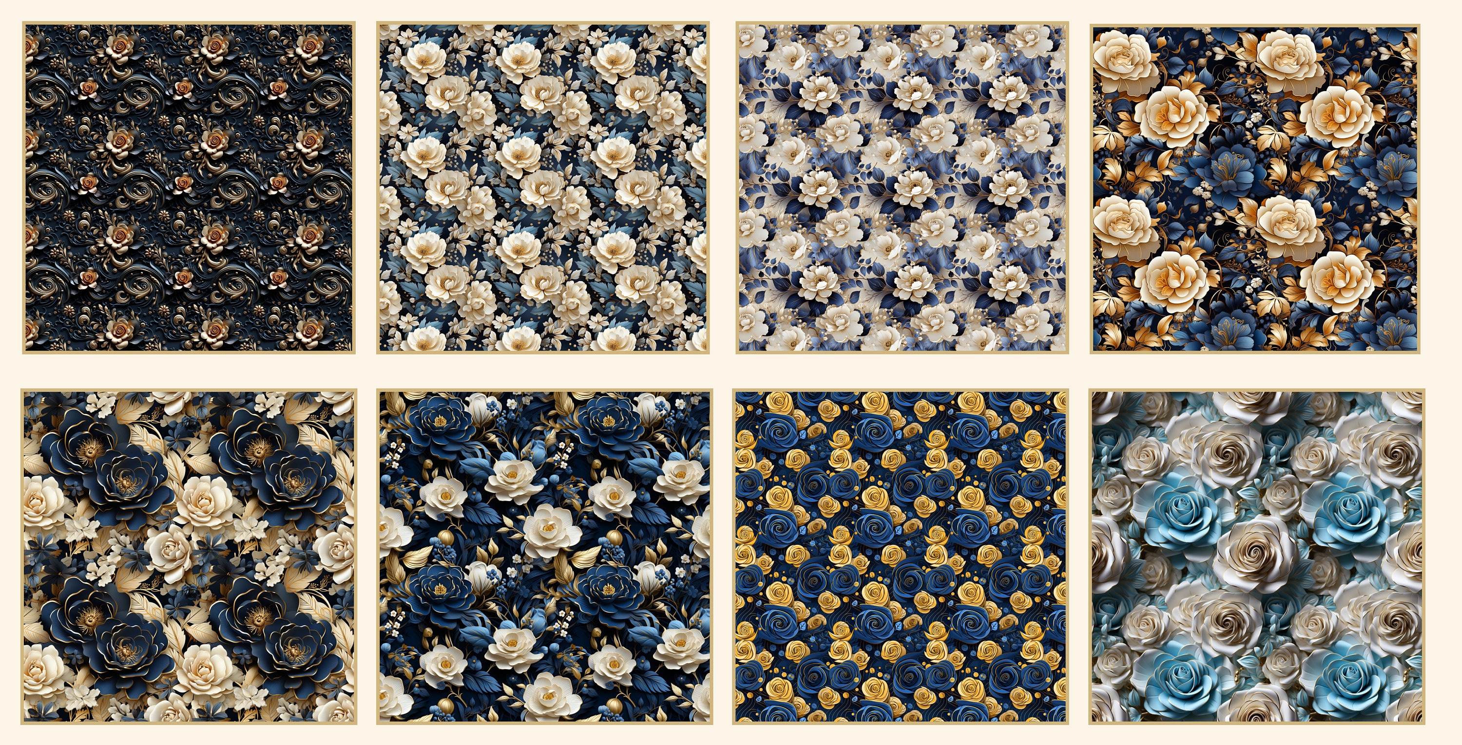 PRINTABLE | 24 Blue & Gold Rose Floral Digital Papers Bundle | Seamless ...
