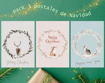 CARTES DE NOËL NUMÉRIQUES, Carte de Noël imprimable, Salutations d’animaux de Noël, Cartes postales de Noël téléchargeables, Pack de Noël cerf renard