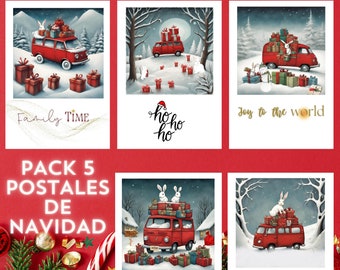 TARJETAS NAVIDAD DIGITAL, Tarjeta navidad imprimible, Felicitación furgoneta navidad, Postales navidad descargable, Pack navidad conejo