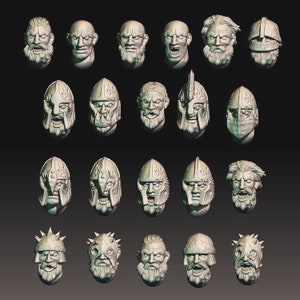 Könnte beinhalten: Eine Sammlung von 24 in 3D gedruckten Köpfen, einige mit Helmen und einige ohne. Die Köpfe haben alle einen neutralen Ausdruck und verschiedene Gesichtszüge.