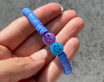 Cute Smiley Clay Bead Bracelet - Preppy Kids Cute Bracelet- Blue and Purple Kids Bracelet- Friendship Bracelet