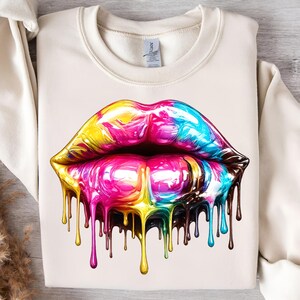 Labbra al neon gocciolanti PNG, design colorato in stile pop art per t-shirt (download digitale)