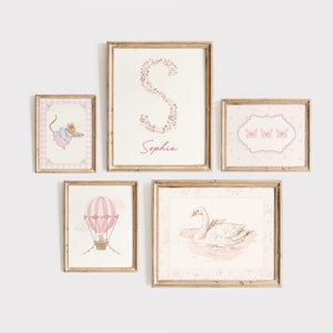Pink Vintage Nursery Gallery Wall Art Set: Custom Name Print (Digital Download)