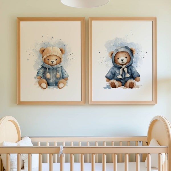 Teddy Bear Nursery Decor, Neutral Nursery Decor, Watercolor Nursery Wall Art, Set of 2 Nursery Prints, Printable Nursery Wall Art