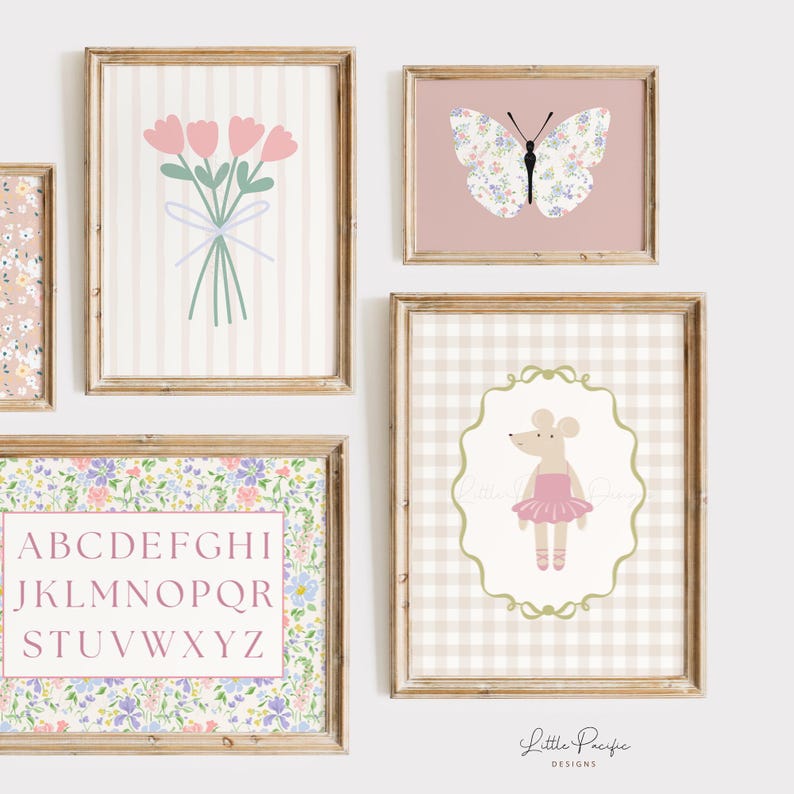 May include: A collection of framed art prints featuring floral and animal illustrations. The prints include a bouquet of pink flowers, a butterfly with floral wings, a mouse in a pink tutu, and an alphabet chart. The frames are made of wood.