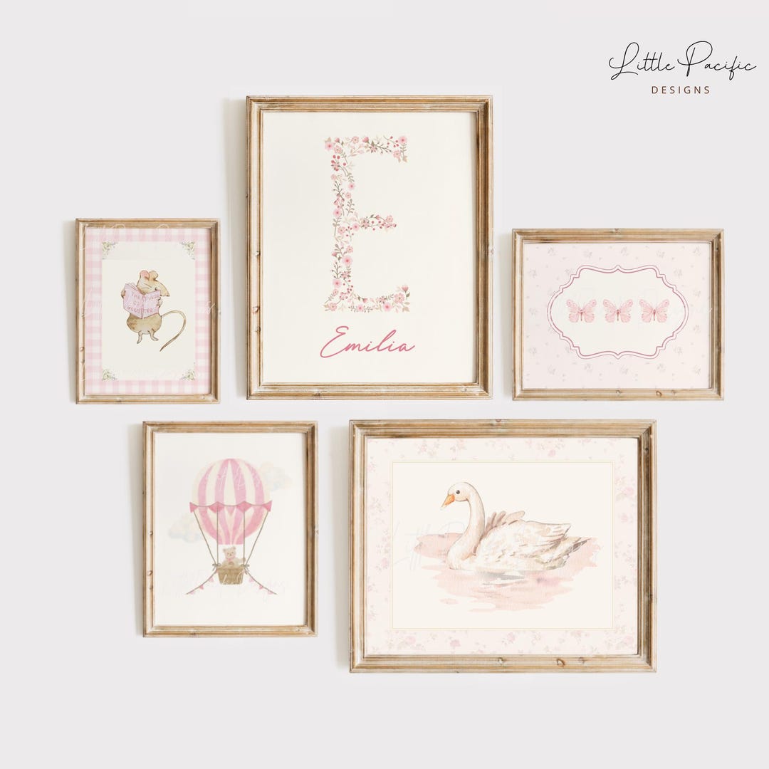 Pink Vintage Nursery Gallery Wall Art Set: Custom Name Sign (digital ...