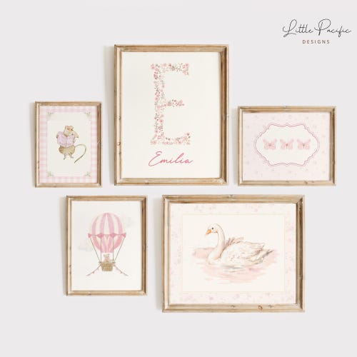 Pink Vintage Nursery Gallery Wall Art Set: Custom Name Sign (Digital Download)