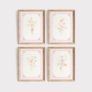 Vintage bloemenprintset voor kinderkamer: roze bloemdecor (digitale download)