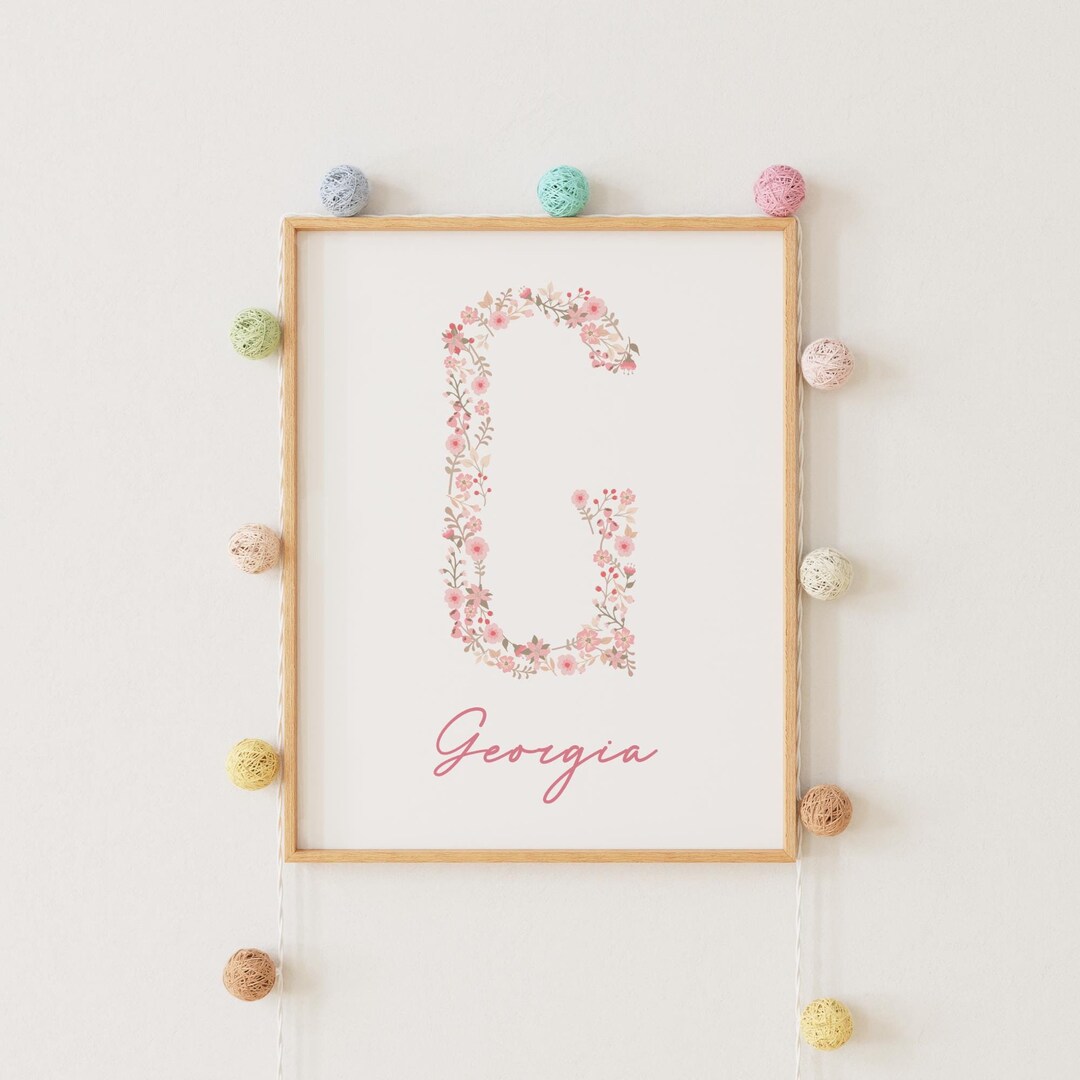 Custom Floral Nursery Name Sign, Personalized Floral Initial Print ...