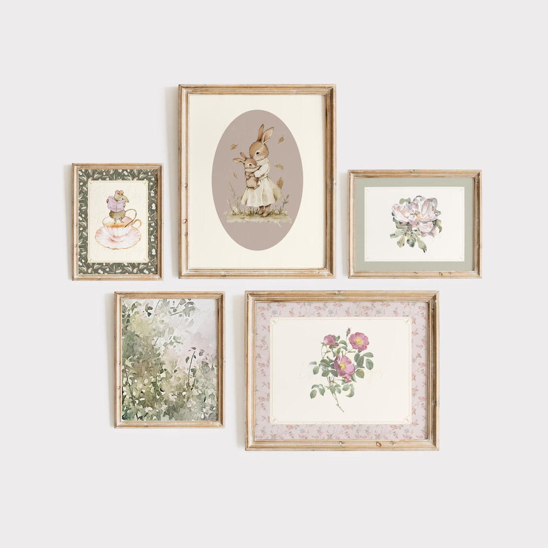 Vintage Nursery Gallery Wall, Pink and Green Nursery Decor, Vintage ...