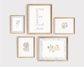 Blue Floral Cottage Nursery Gallery Wall Art Prints (Digital Download)
