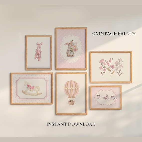 Pink Coquette Nursery Prints: Vintage Gallery Wall Art (Digital Download)