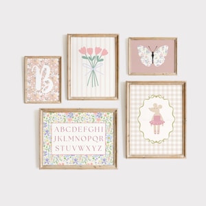 May include: A collection of framed art prints featuring floral and whimsical designs. The prints include a floral initial, a bouquet of pink tulips, a butterfly with floral wings, a mouse in a tutu, and an alphabet chart. The frames are a light brown color.