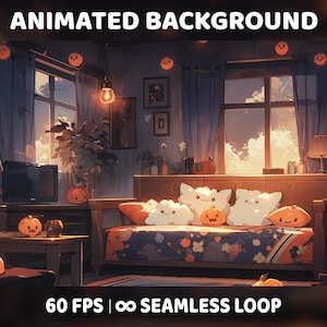 Animated Halloween Background for Twitch, Zoom, Vtuber Cozy Spooky Animated Virtual Background Living room, Seamless Loop Video