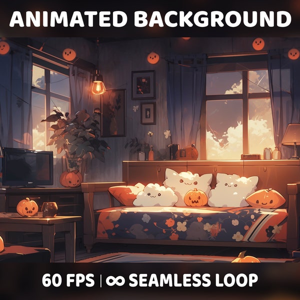 Fond d’Halloween animé pour Twitch, Zoom, Vtuber Cozy Spooky Animated Virtual Background Salon, Vidéo en boucle harmonieuse