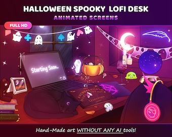 Halloween Spooky Lofi Desk Twitch Bundle. Handmade art