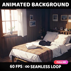 Animated Background, Cute Cat in a Cozy Bedroom, Lofi Aesthetic Looped Vtuber Twitch Stream Overlay Background