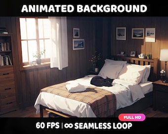 Cozy Bedroom Cat Animated Background, Lofi Vtuber Twitch Stream Overlay