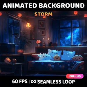 May include: Animated background featuring a stormy night scene with a window view of rain, a bed with pillows shaped like clouds and a cat, and a string of orange jack-o'-lantern lights. The text "STORM" is displayed in orange letters. The text "60 FPS | ∞ SEAMLESS LOOP" and "FULL HD" are also displayed.
