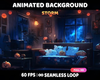 Rainy storm Autumn Halloween night Animated Stream Screen, Vtuber Background for Twitch, Vtuber Cozy Spooky Rainy Weather Holliday