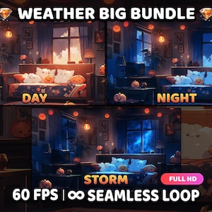 Op de afbeelding: Een digitale illustratie van een knusse kamer met een bed, een raam en een lamp. De kamer is versierd voor Halloween met pompoenen en andere griezelige decoraties. De illustratie toont drie verschillende weersomstandigheden: dag, nacht en storm. De tekst "WEATHER BIG BUNDLE" staat bovenaan de afbeelding. De tekst "60 FPS | ∞ SEAMLESS LOOP" staat onderaan de afbeelding.